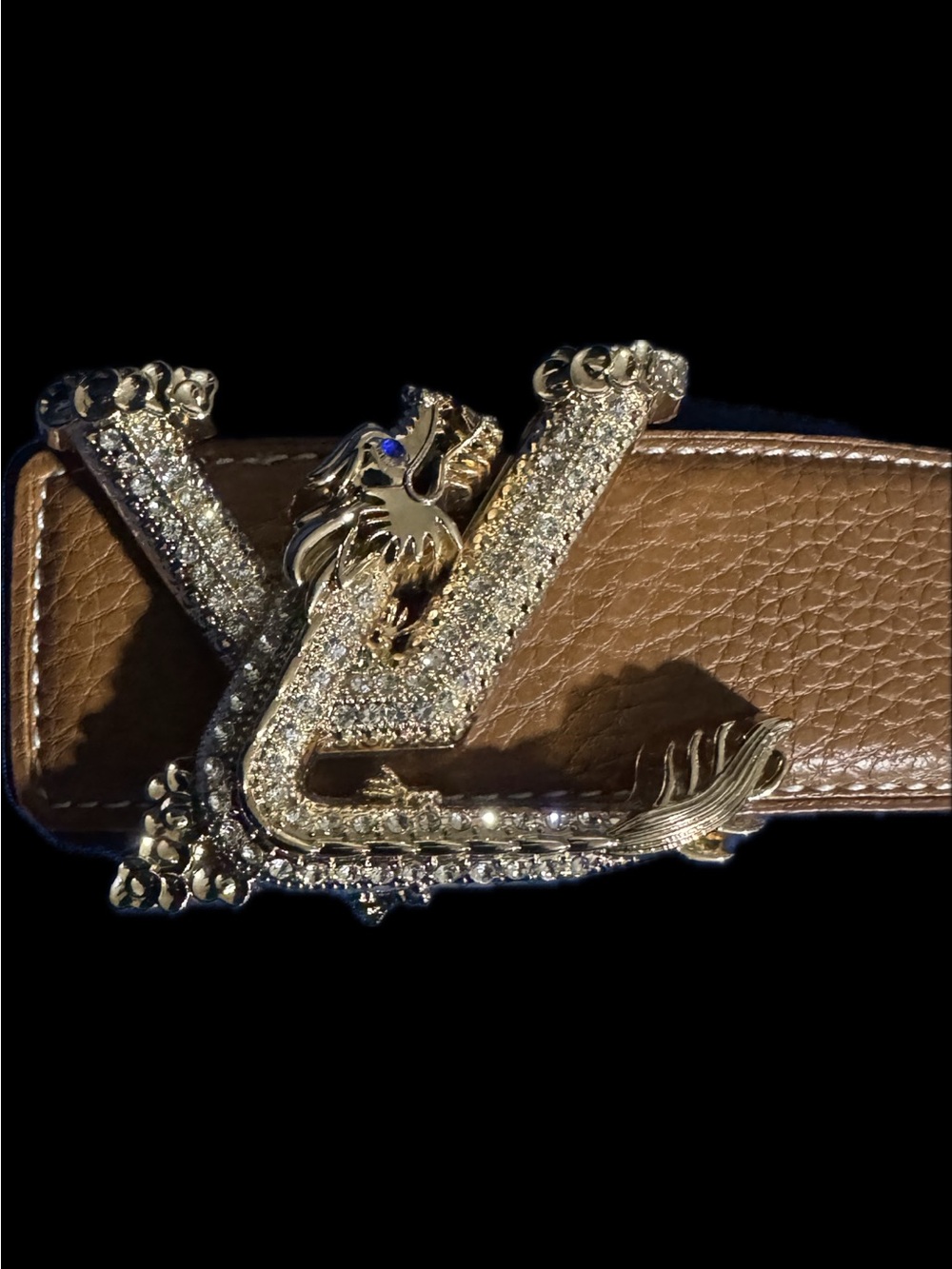 Brown Leather Men's Belt with Gold Crystal 'LV' Buckle